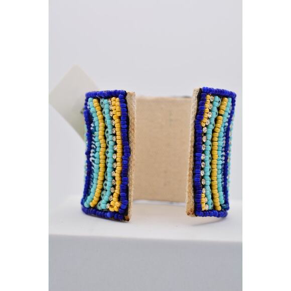 Beaded Cuff Bangle Bracelet Rhinestone Crystal Royal Blue Yellow Gold Chunky - Picture 8 of 12